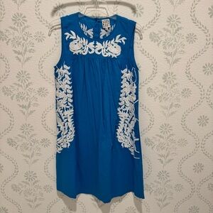 Blue Sleeveless Dress with White Embroidery